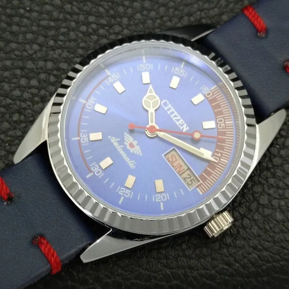 Vintage 1970 Citizen Automatic Mens Silver Watch W/daydate & Blue accents